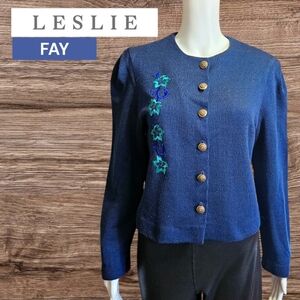Leslie Fay Embroidered Flower Cardigan Sweater Size 12
